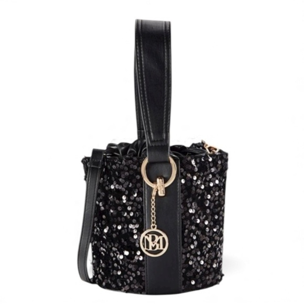Badgley Mischka Black Sequin Bucket Bag BMH513 Gold Chain Charm